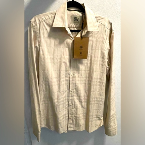 BURBERRY Subdued Plaid Button Up Dress Shirt with Embroidered Logo On Cuff - NWT - Picture 3 of 6
